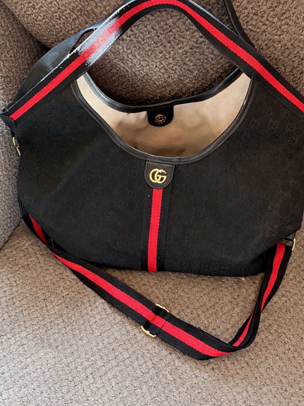 Black Canvas Shoulder Bag with Red Web Stripe